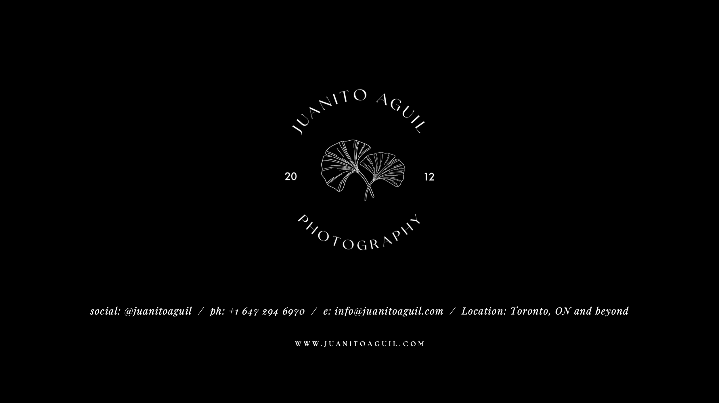 Juanito Aguil Photography logo on black background with contact details for Toronto, ON wedding photographer.