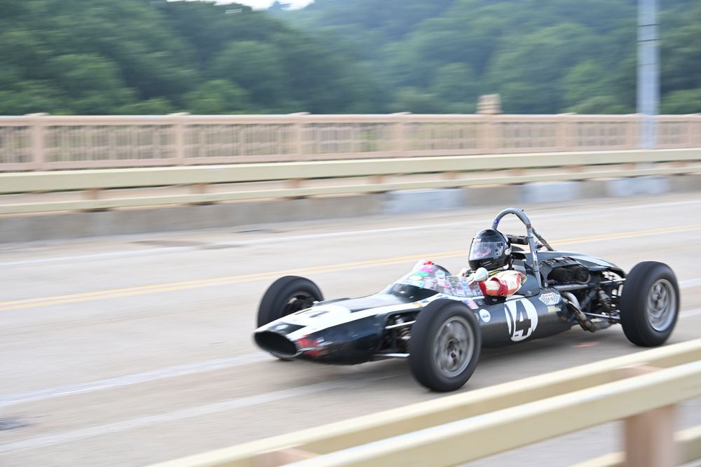 close up of a vintage formula race car on the panther hollow bridge in Pittsburgh, pa. taken at the Pittsburgh vintage Grand Prix.