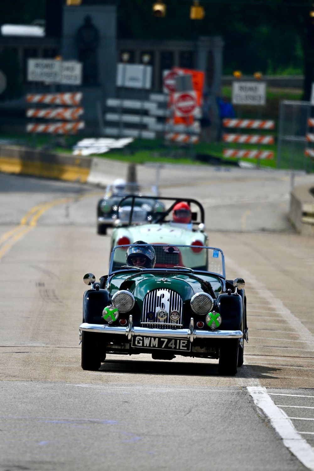 classic green Morgan race car on track crossing the Panther Hollow Bridge. Taken at the Pittsburgh Vintage Grand Prix.