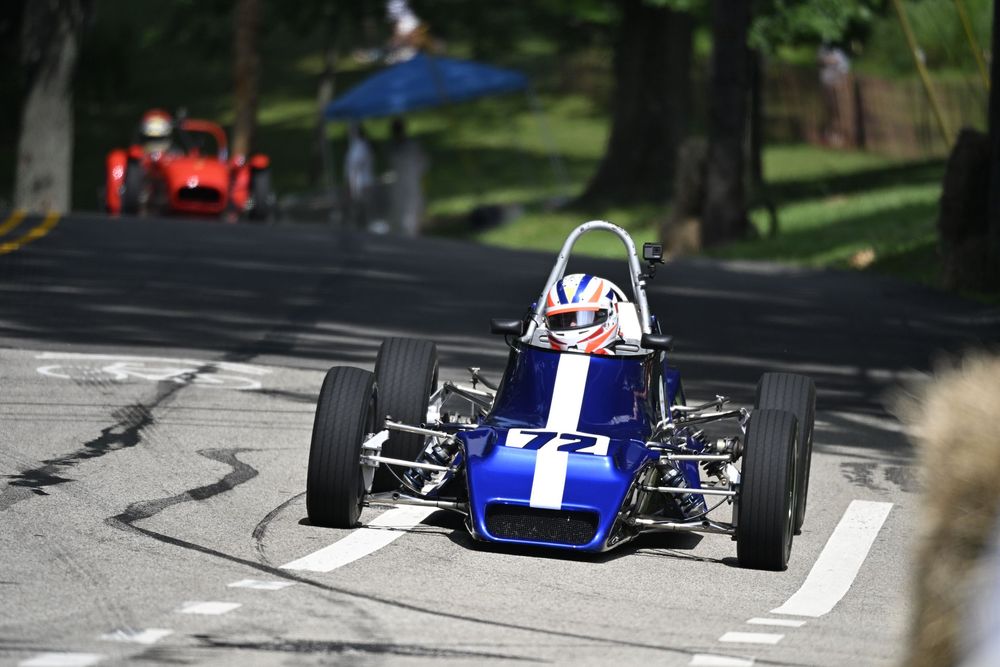 Classic blue formula vehicle on track in Schenley Park. Taken at the Pittsburgh Vintage Grand Prix.