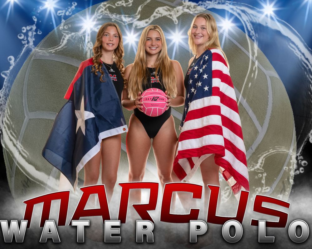Three athletes pose with American flags and a water polo ball in a Marcus Water Polo team sports photo.