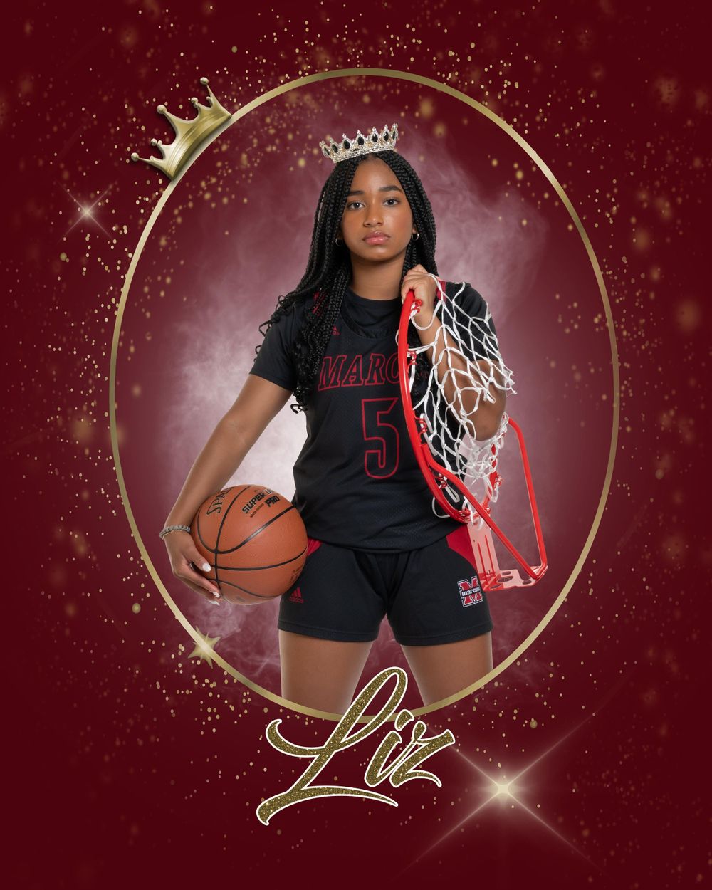A basketball player in a black uniform poses against a burgundy background with gold glitter effects and crown silhouettes.