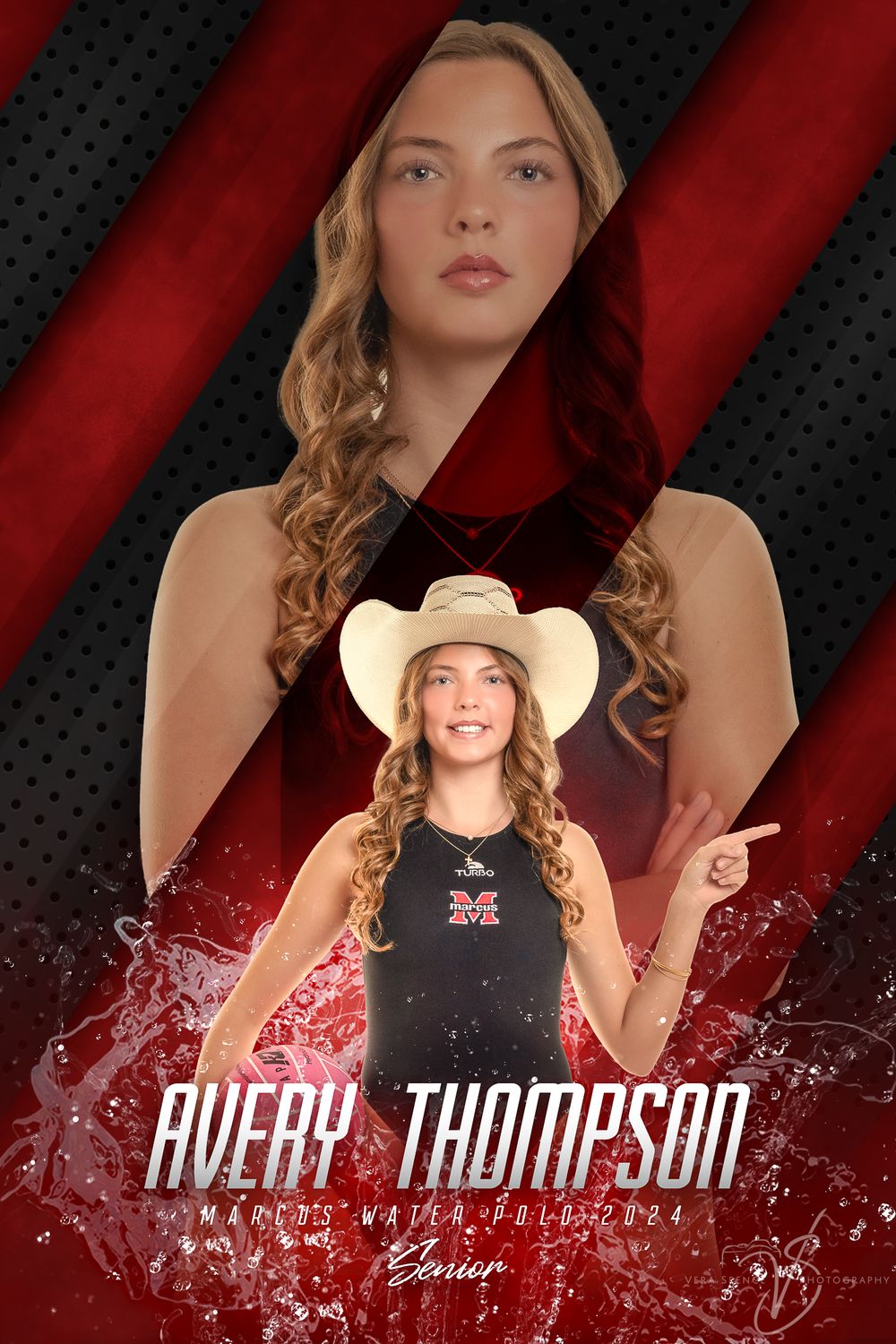 High school sports portrait composite with red and black background featuring athlete wearing cowboy hat and tank top.