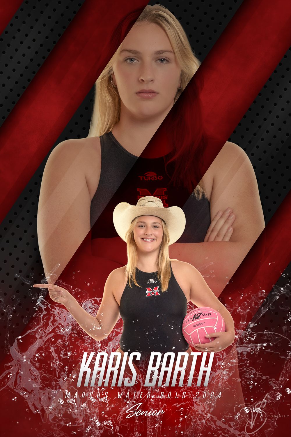 Sports photo illustration showing volleyball player in black tank top with cowboy hat against dramatic red background.
