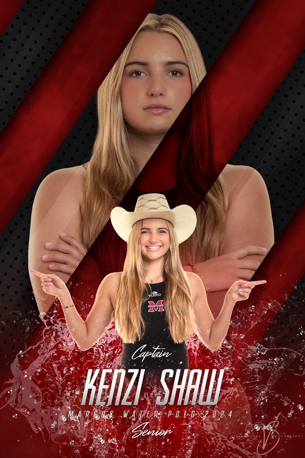 Artistic sports portrait featuring an athlete in a cowboy hat against a dramatic red and black background with spattered effects.