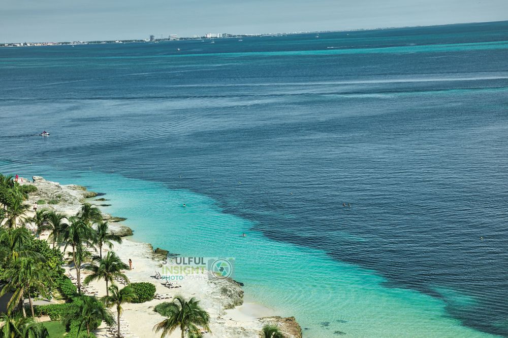 Aerial view of a pristine turquoise beach coastline with palm trees and crystal clear blue waters.