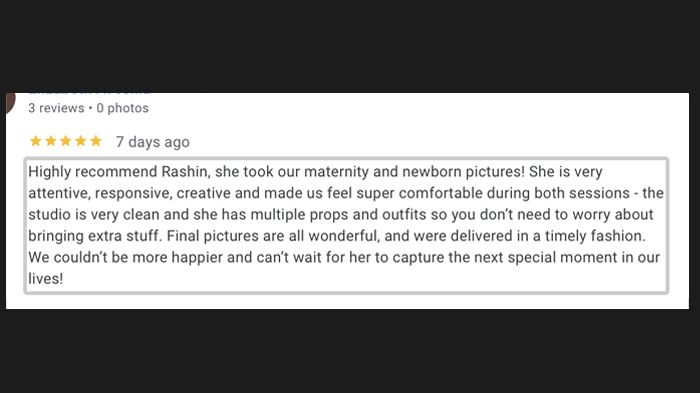A screenshot shows a 5-star rating and a positive product review highlighting comfort and satisfaction with a pet item.
Rashinphotography-DC