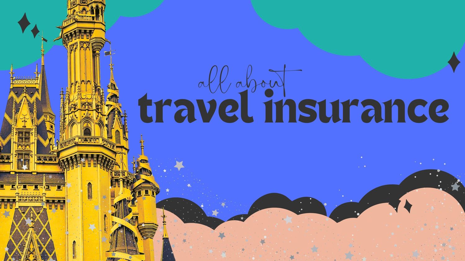Artistic illustration showing golden palace spires against blue sky with pink clouds and text reading travel insurance.