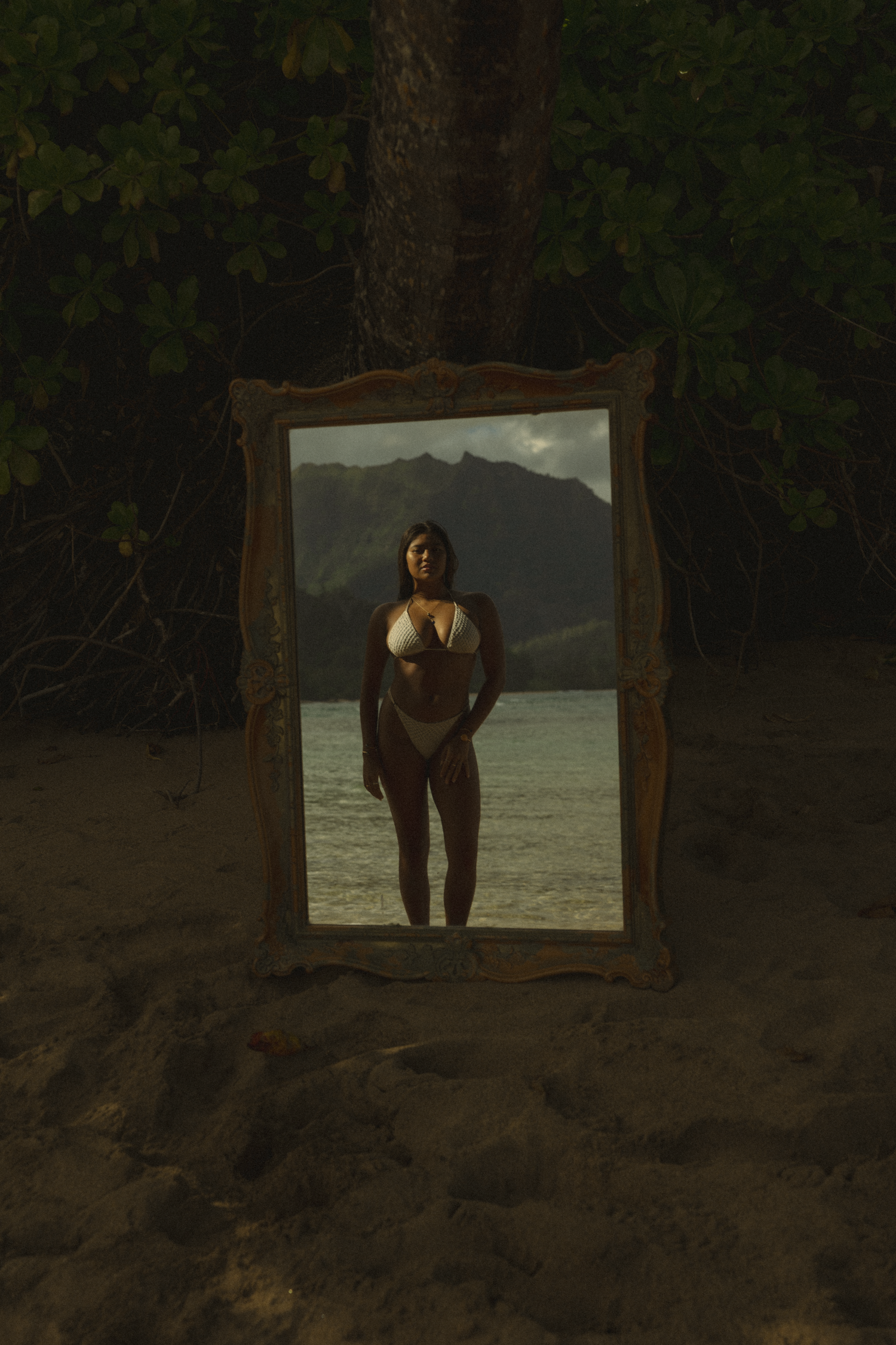 Dark framed mirror capturing ocean and mountain landscape reflections.