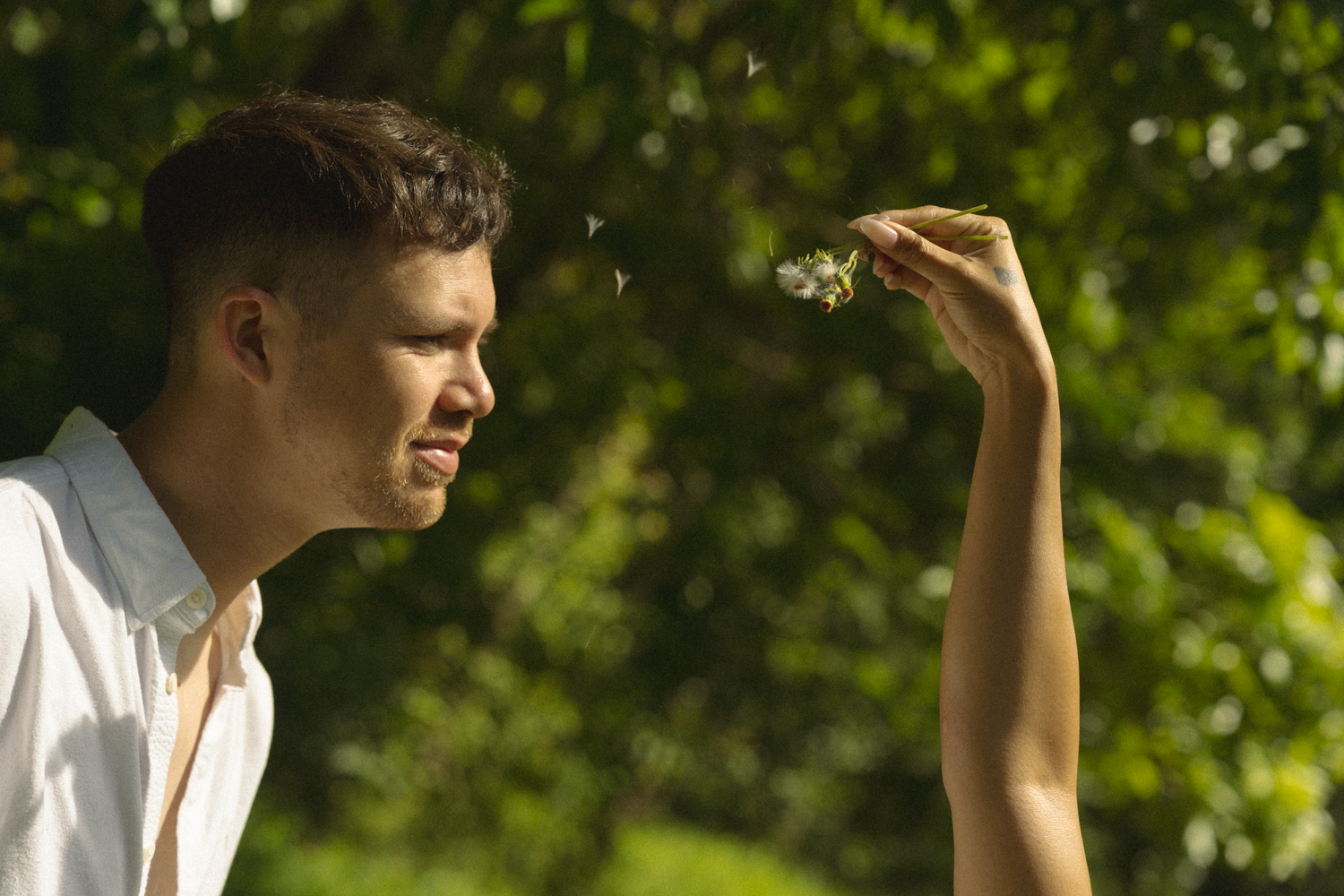 A playful moment in a sunlit forest with someone examining a small flower or object.