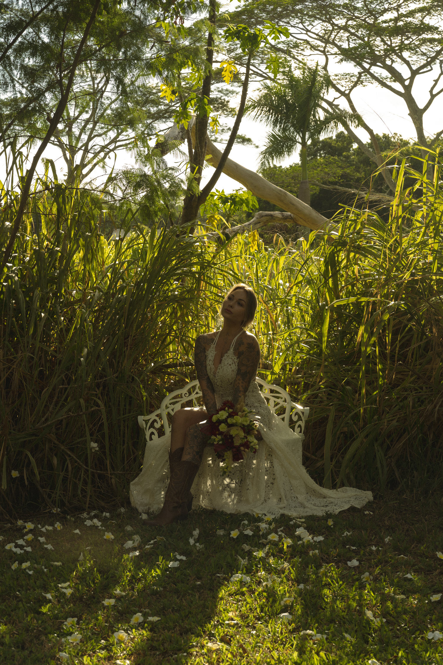 Artistic silhouettes against golden sunlight in a tall grass field.