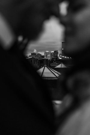 Moody portrait of a bride and groom in downtown Cincinnati.