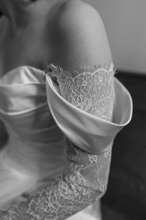 Detailed portrait of brides lace dress.