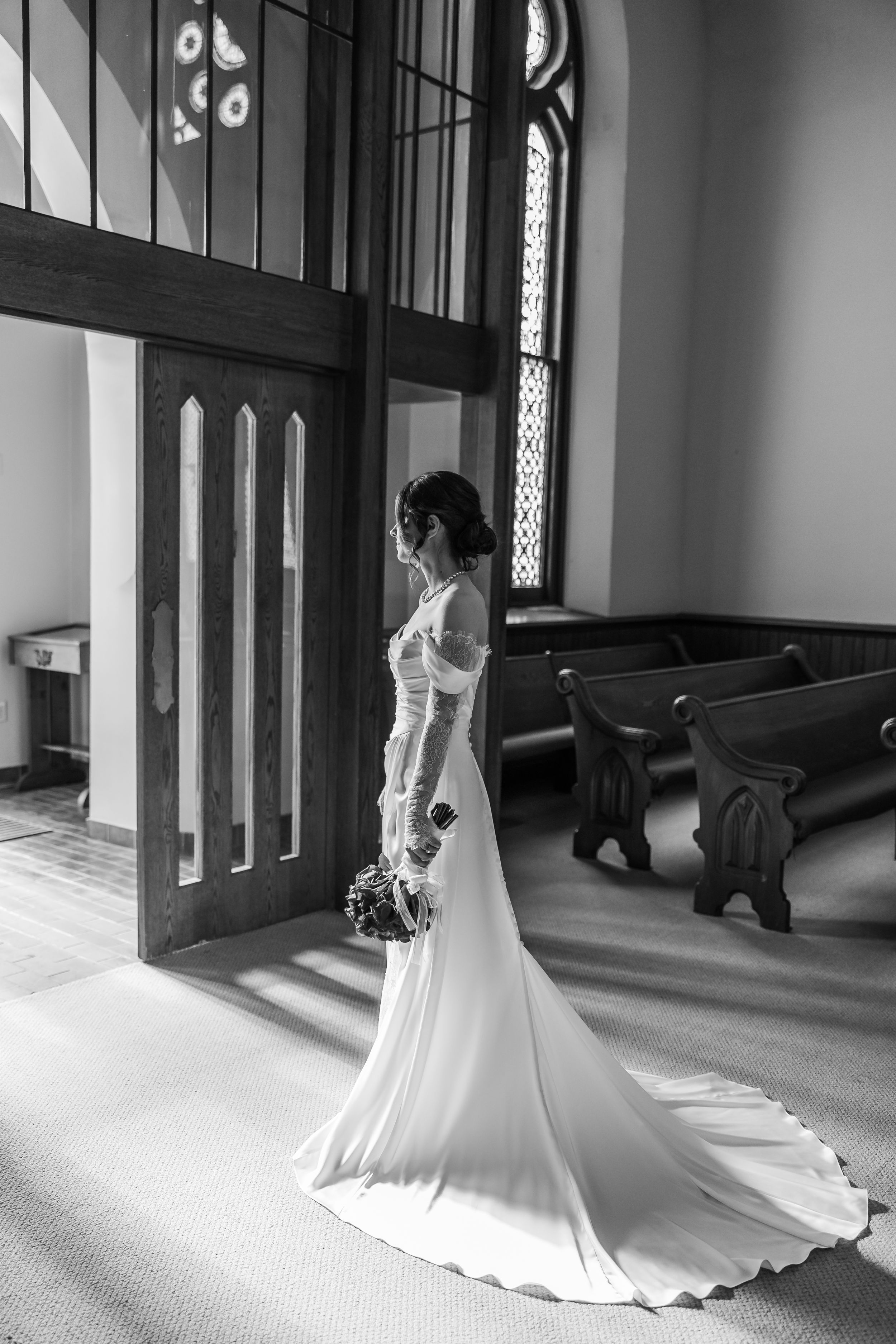 Portrait of a beautiful bride in Indianapolis at a church.
