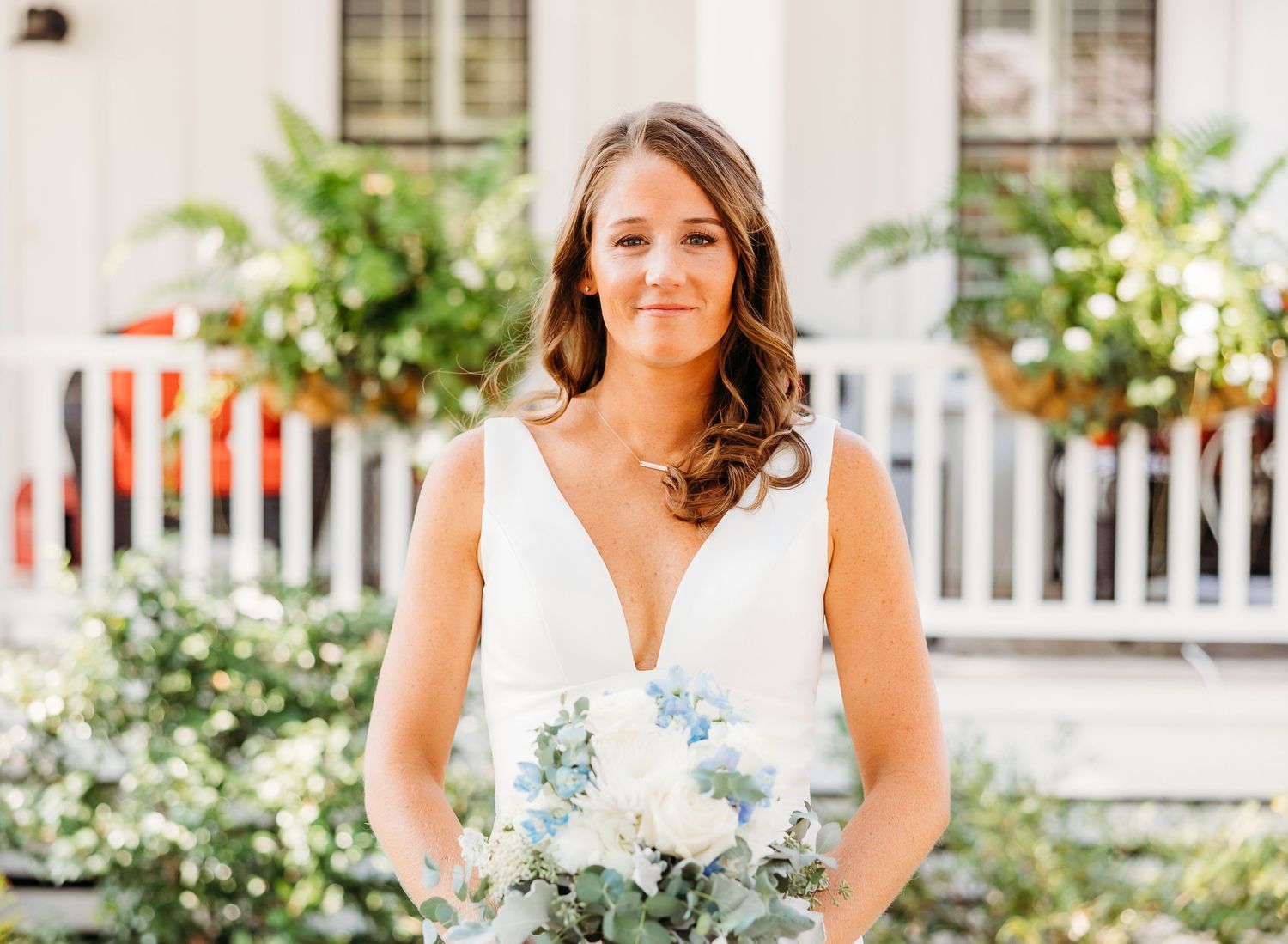 A wedding photo series showing a person in a white dress posing outdoors with greenery and flowers in the background.