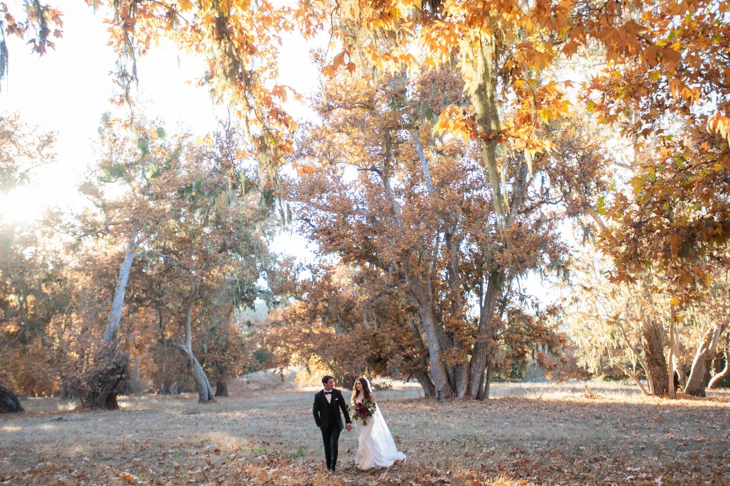 A couple walking through autumn foliage on their wedding day.