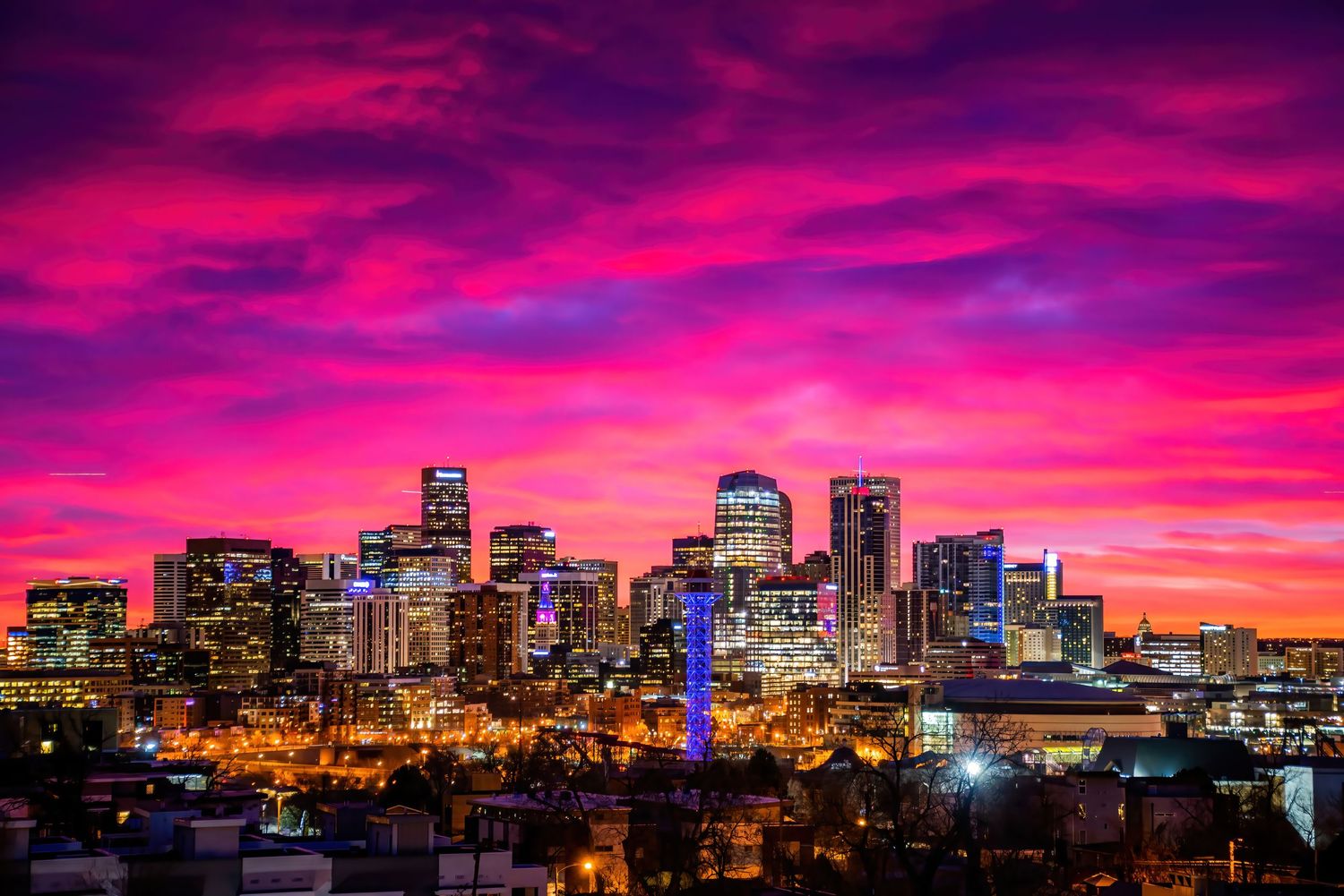 Architectural photo of Downtown Denver at sunrise by Denver Drone, Hospitality, Travel & Tourism photographer Captain Colorado Photography.