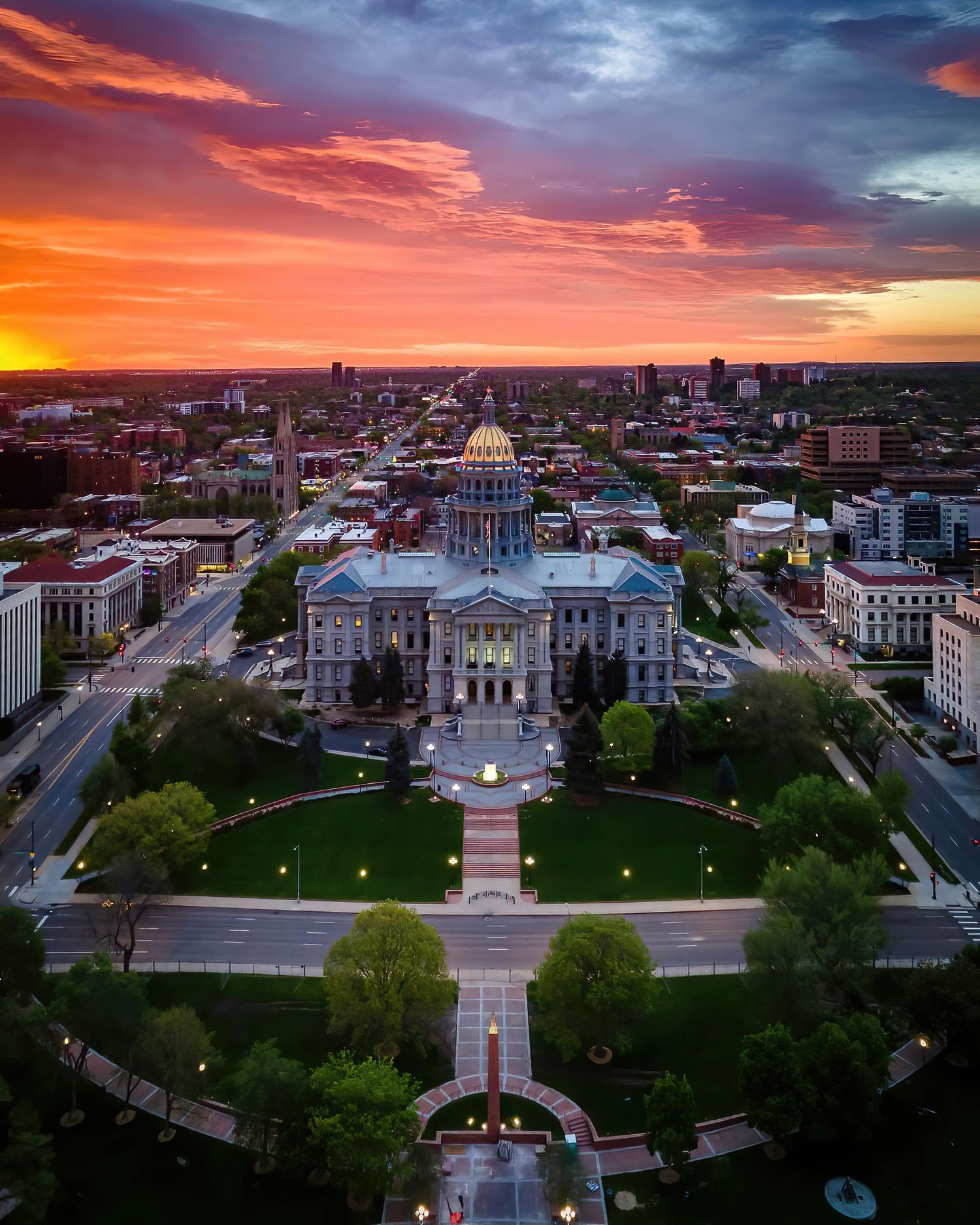 Aerial/Drone photo of Colorado State Capitol at sunrise by Drone, Hospitality, Travel & Tourism photographer Captain Colorado Photography.
