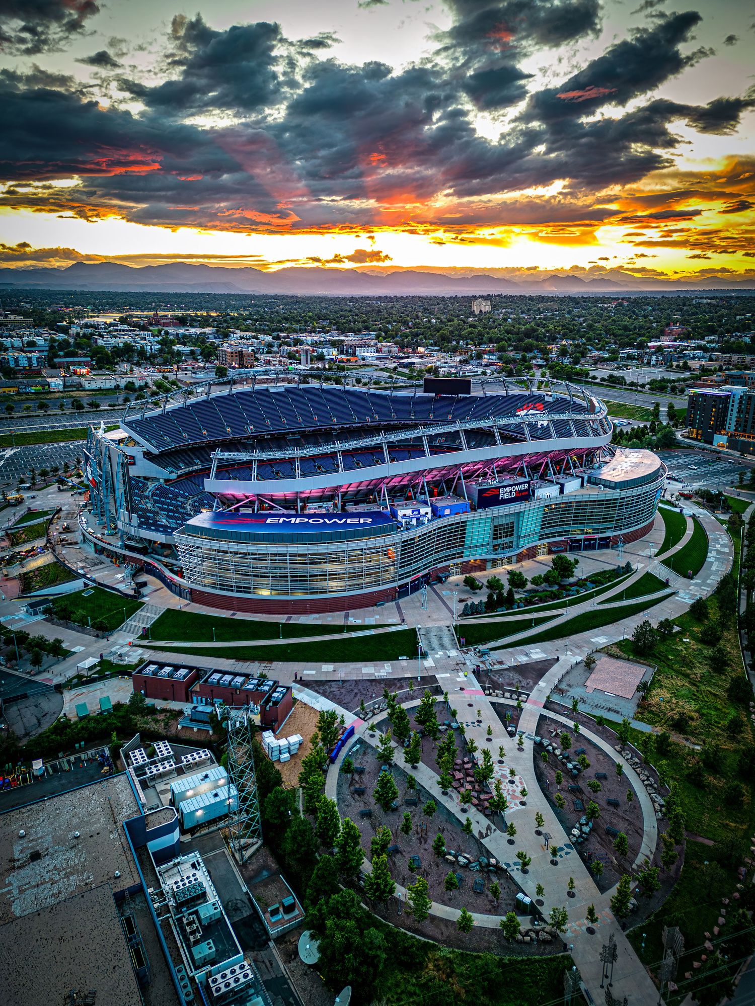 Aerial/Drone photo of Empower Field at sunset by Denver Hospitality, Travel & Tourism photographer Captain Colorado Photogrpahy.
