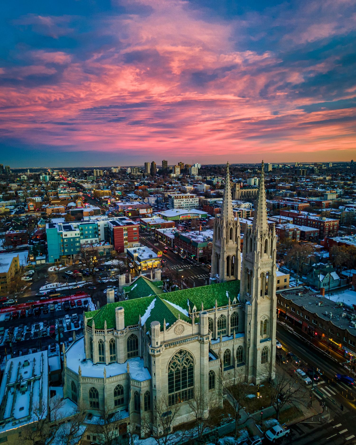 Aerial/Drone photo of a church at sunrise by Denver Drone, Hospitality, Travel & Tourism photographer Captain Colorado Photography.