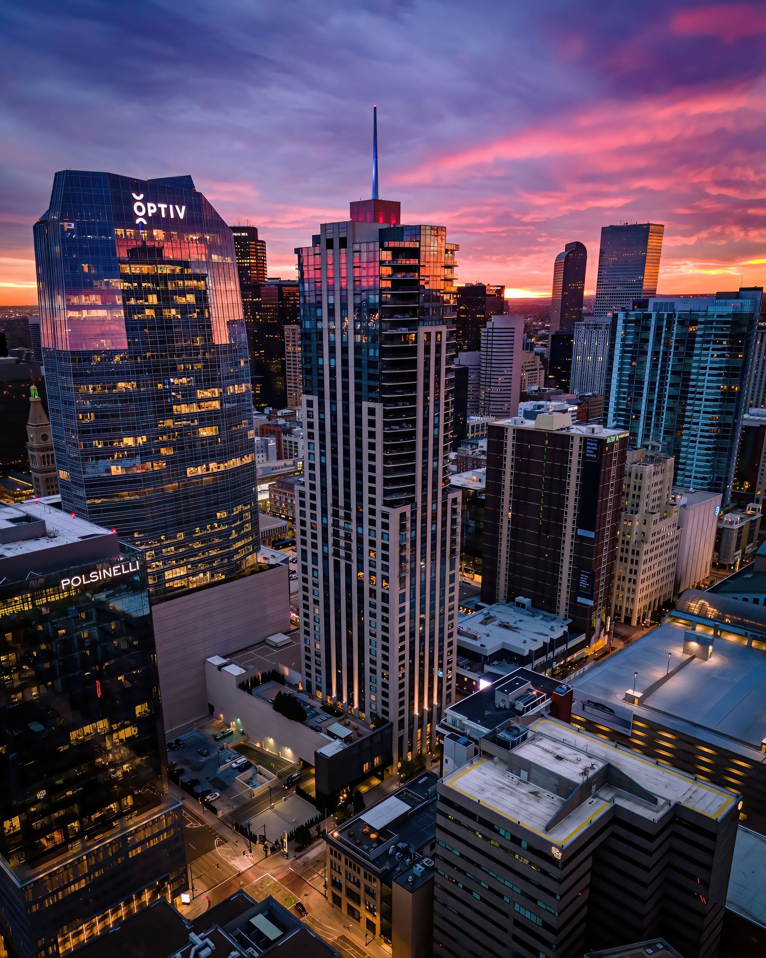 Aerial/Drone photo of Downtown Denver at sunrise by Denver Drone, Hospitality, Travel & Tourism photographer Captain Colorado Photography.