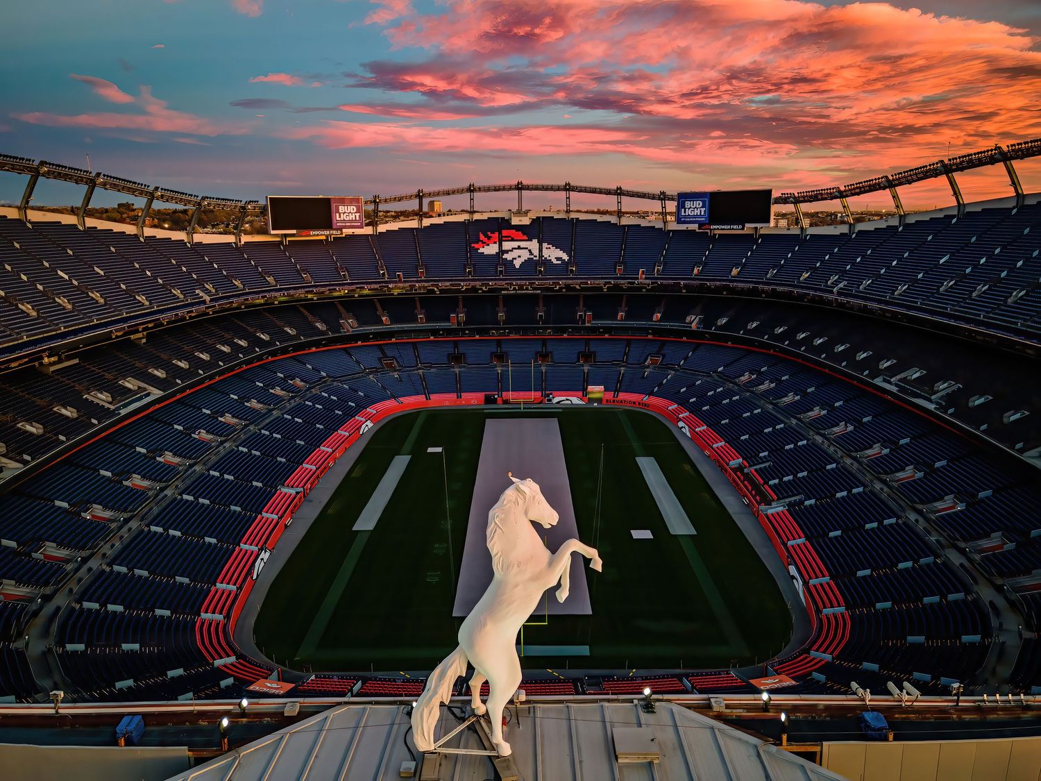Aerial/Drone photo of Empower Field at sunrise by Denver Drone, Hospitality, Travel & Tourism photographer Captain Colorado Photography.