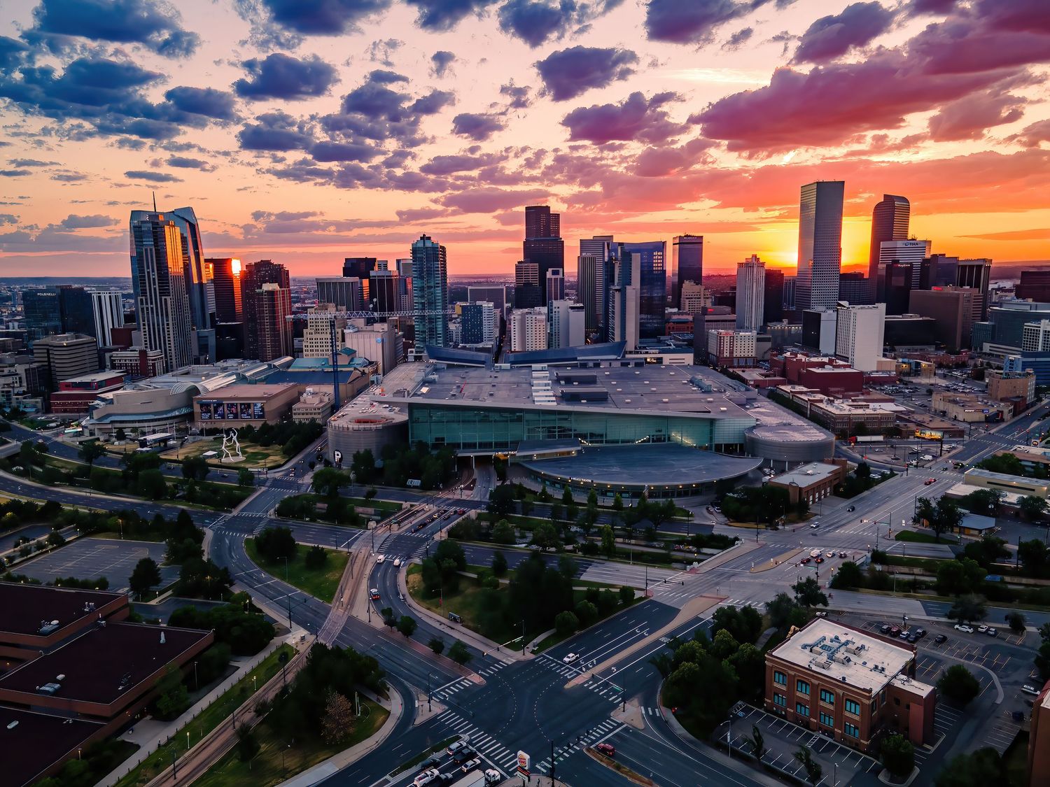 Aerial/Drone photo of Denver at sunrise by Denver Drone, Hospitality, Travel & Tourism photographer Captain Colorado Photography.