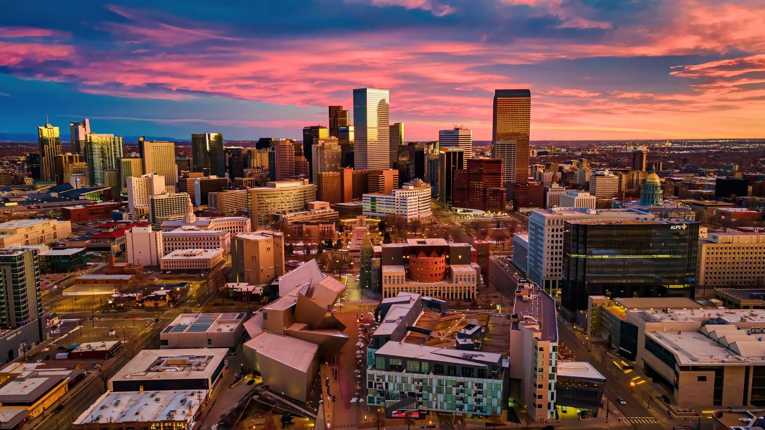 Aerial/Drone photo of the Denver Art Museum by Denver Drone, Hospitality, Travel & Tourism photographer Captain Colorado Photography.