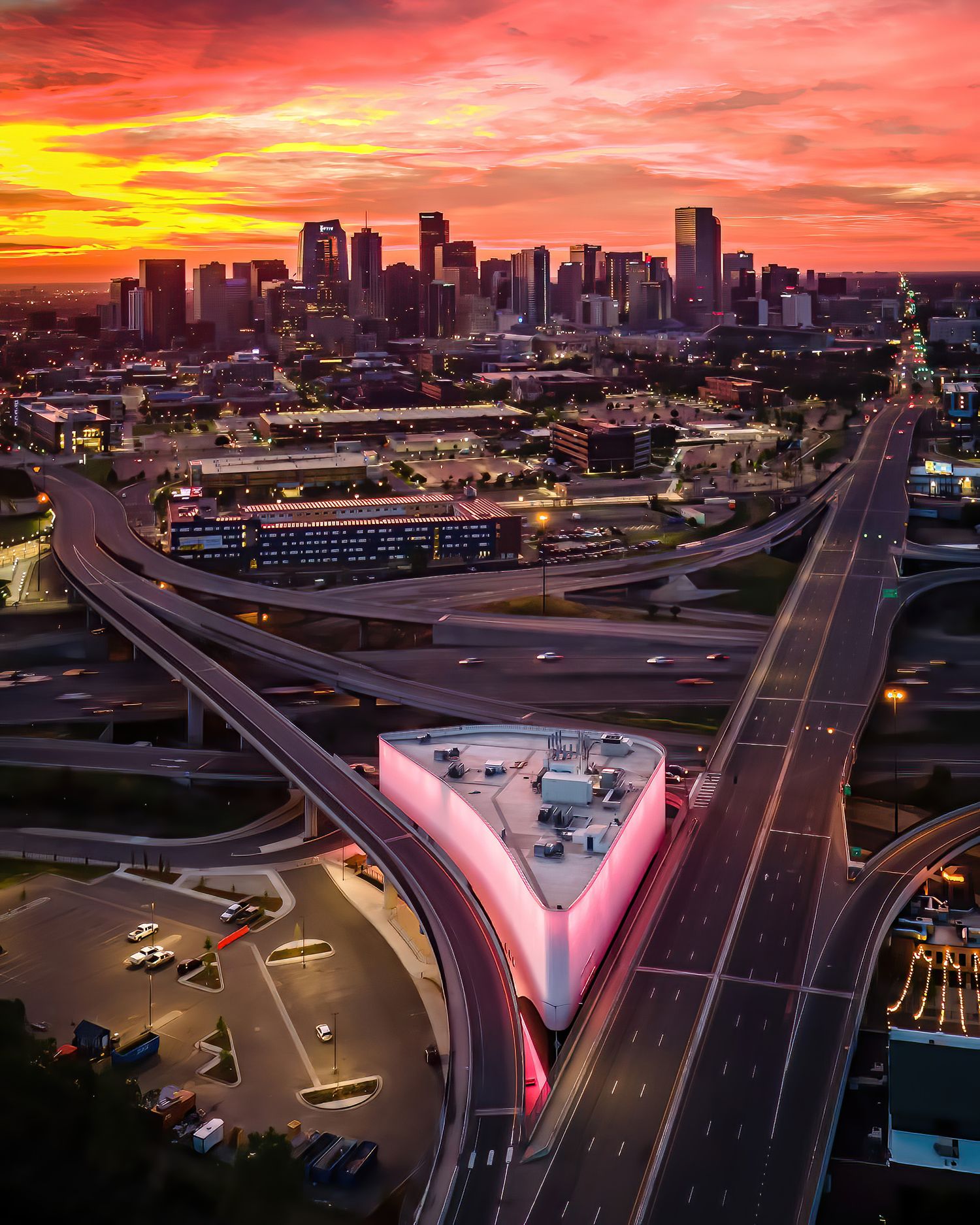 Aerial/Drone photo of Meow Wolf at sunrise by Denver Drone, Hospitality, Travel & Tourism photographer Captain Colorado Photography.