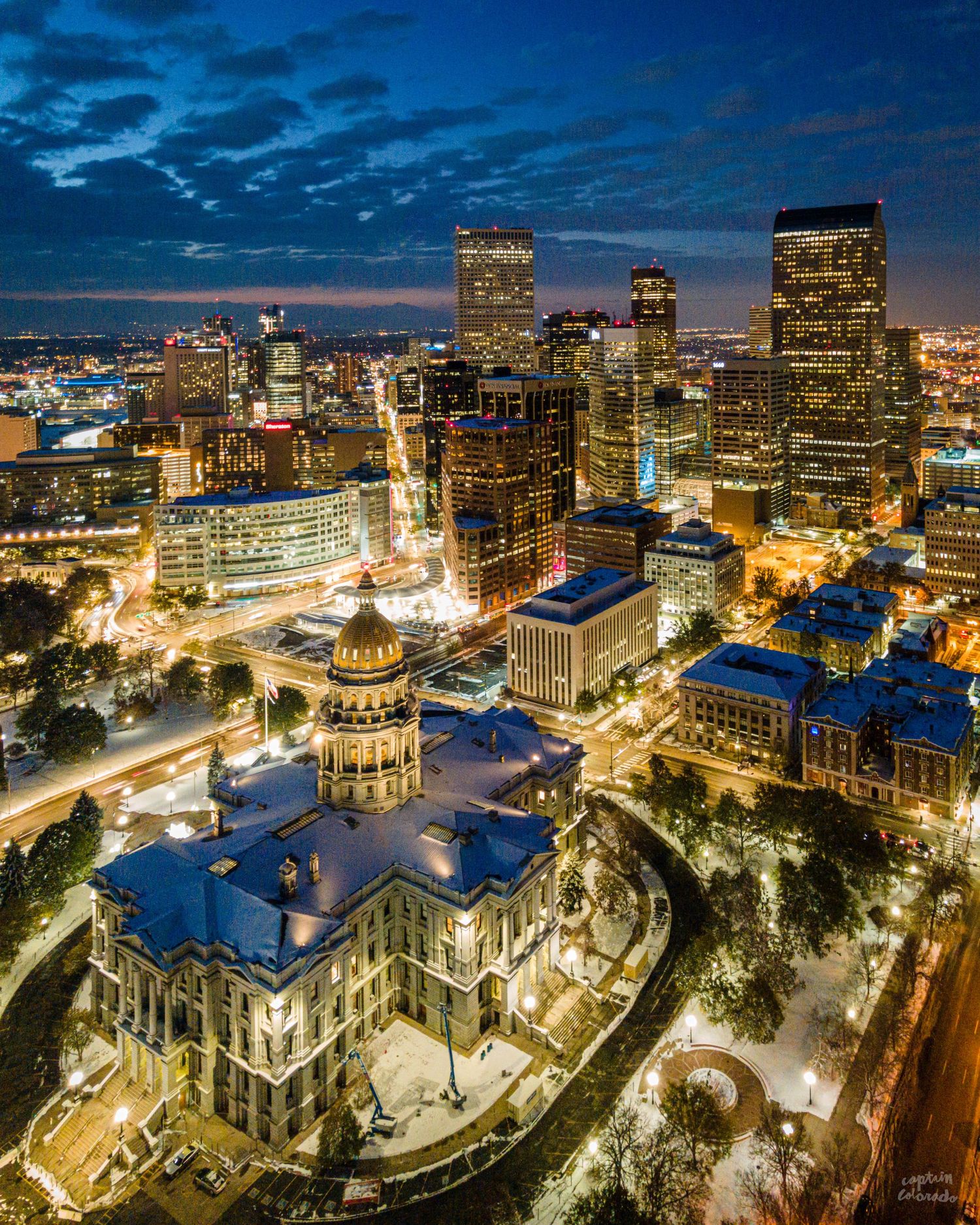 Aerial/Drone night photo of Colorado State Capitol by Denver Drone, Hospitality, Travel & Tourism photographer Captain Colorado Photography.