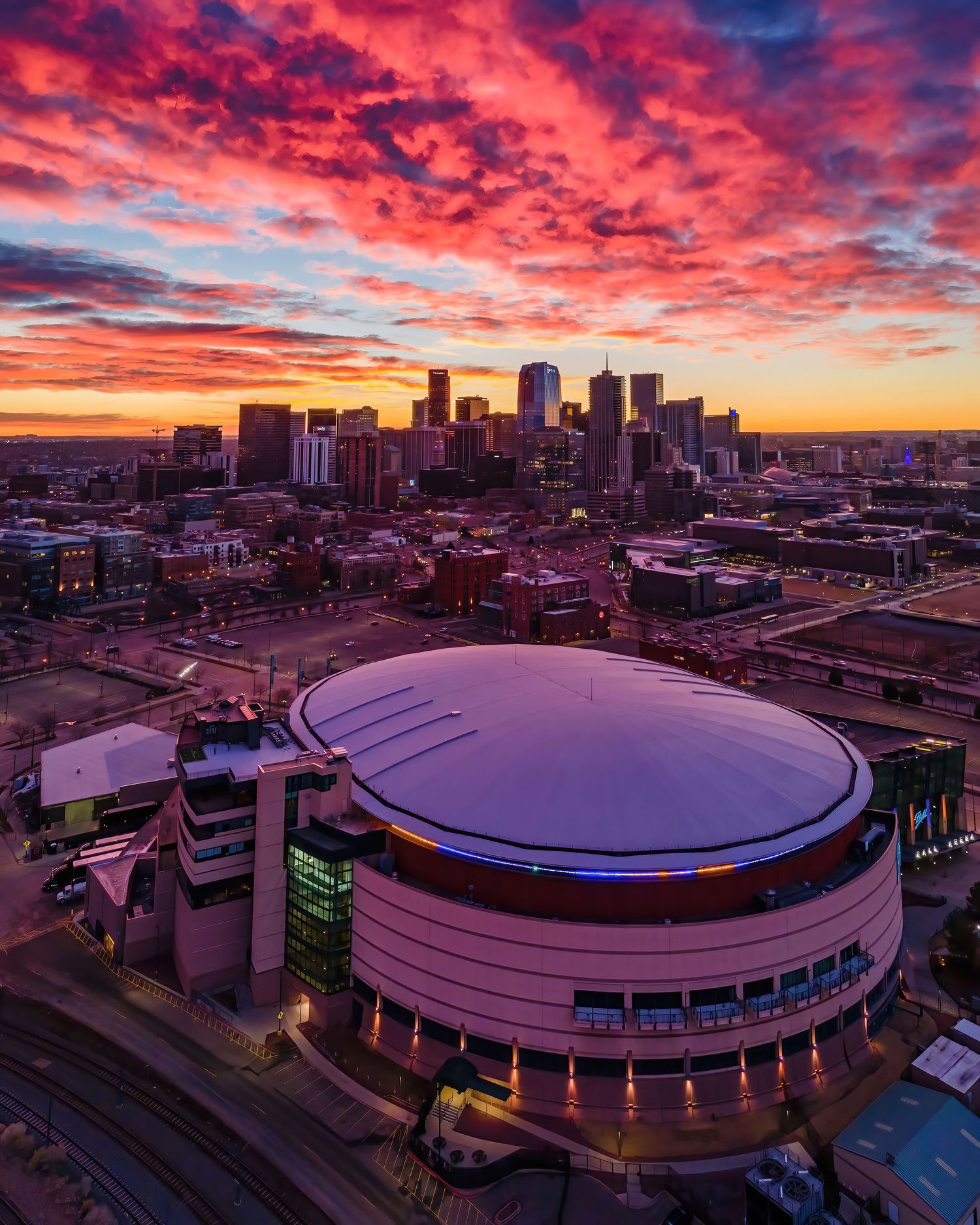 Aerial/drone photo of Ball Arena at sunrise by Denver Drone, Hospitality, Travel & Tourism photographer Captain Colorado Photography.