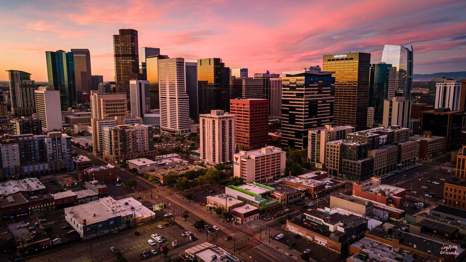 Aerial/Drone photo of Denver at sunrise by Denver Drone, Hospitality, Travel & Tourism photographer Captain Colorado Photography.
