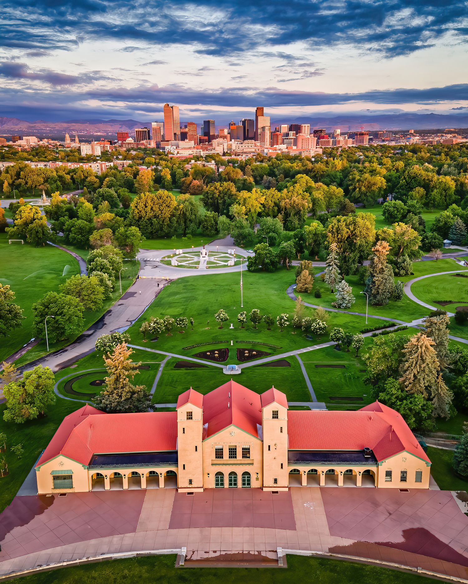 Aerial/drone photo of City Park at sunrise by Denver Drone, Hospitality, Travel & Tourism photographer Captain Colorado Photography.