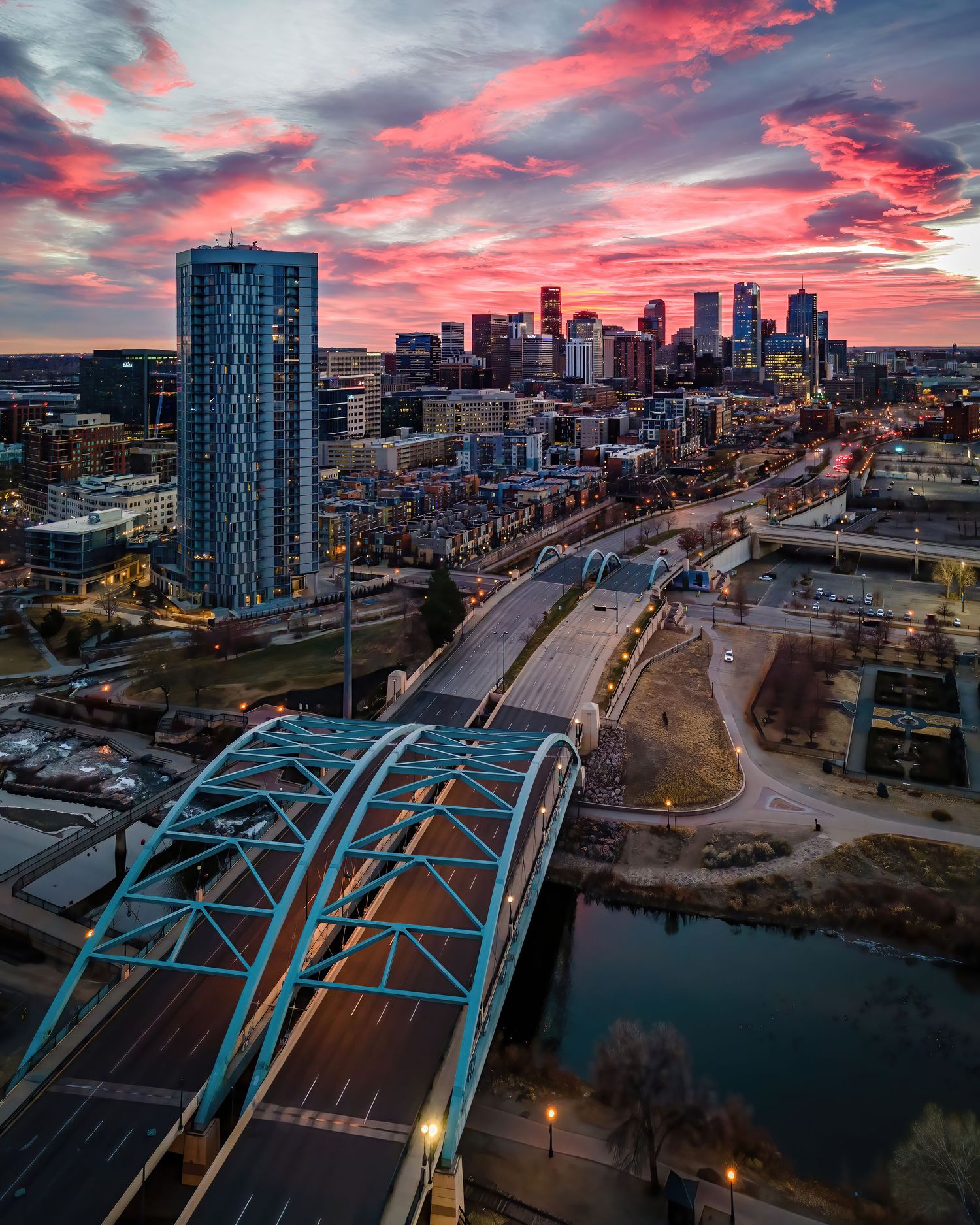 Aerial/Drone photo of Downtown Denver at sunrise by Denver Drone, Hospitality, Travel & Tourism photographer Captain Colorado Photography.