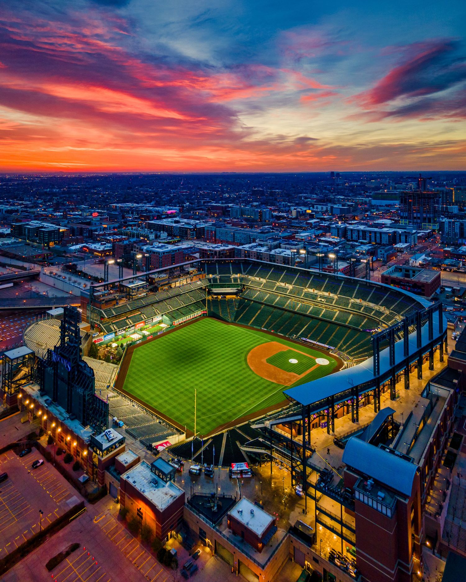 Aerial/Drone photo of Coors Field at sunrise by Denver Drone, Hospitality, Travel & Tourism photographer Captain Colorado Photography.