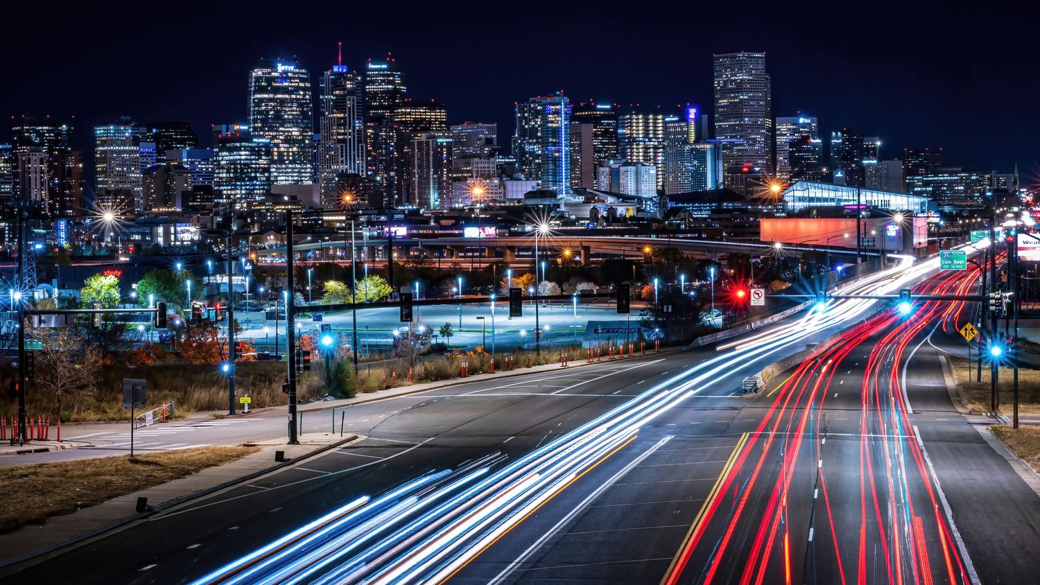 Long Exposure photo of Denver after dark by Denver Drone, Hospitality, Travel & Tourism photographer Captain Colorado Photography.