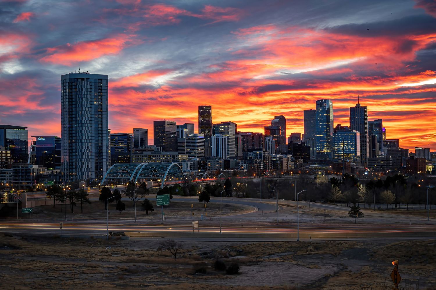 Architectural photo of Downtown Denver at sunrise by Denver Drone, Hospitality, Travel & Tourism photographer Captain Colorado Photography.