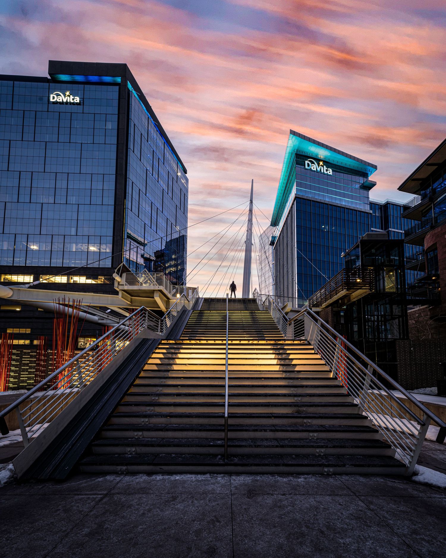 Sunrise photo of the Millennium Bridge in Denver by Drone, Hospitality, Travel & Tourism photographer Captain Colorado Photography.