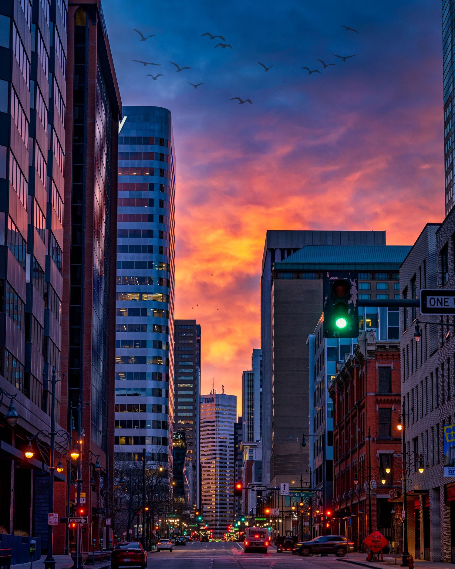 Architectural photo of 17th Street in Denver at sunrise by Drone, Hospitality, Travel & Tourism photographer Captain Colorado Photography.