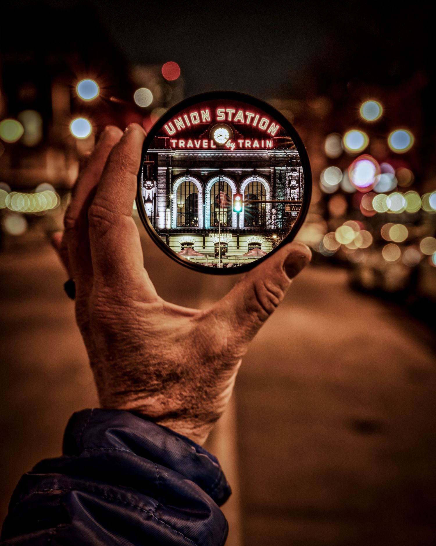 Night time photo of Union Station by Denver Drone, Hospitality, Travel & Tourism photographer Captain Colorado Photography.