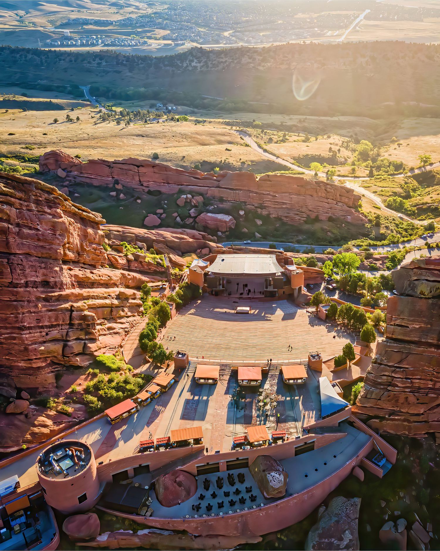 Aerial/Drone photo of Red Rocks Amphitheater at sunrise by Drone, Hospitality, Travel & Tourism photographer Captain Colorado photography.