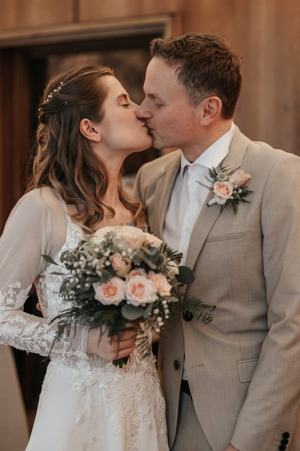 Romantic wedding photos showing tender moments between the bride and groom.