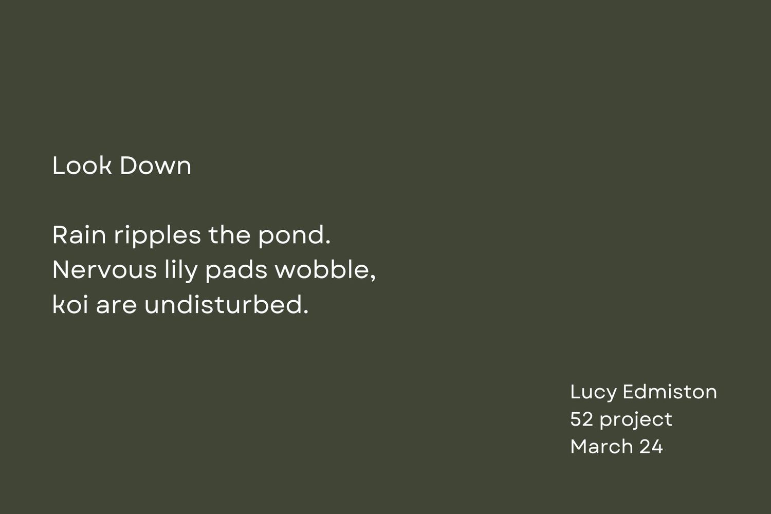 Dark green text slide featuring haiku about rain ripples and koi fish on pond.