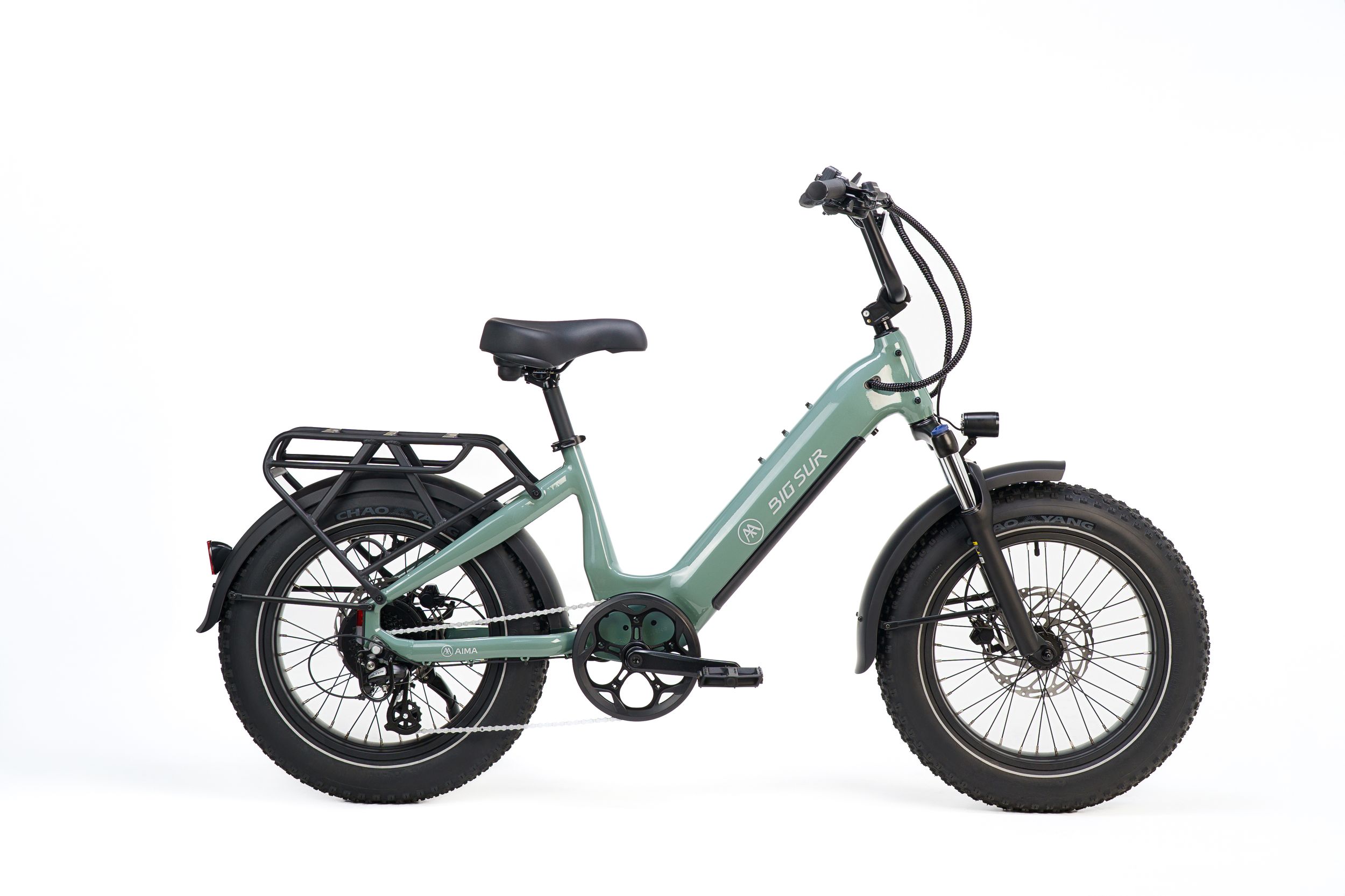 A light blue electric bicycle with fat tires and a sleek modern design shown from multiple angles.