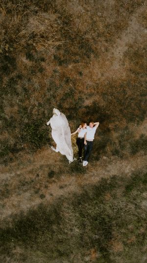 Aerial drone view of a wedding couple lying on dry grass field, bride in white gown holding groom's hand.