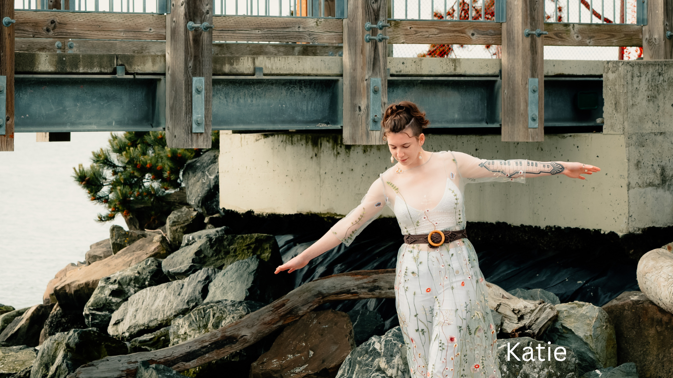 Artistic portraits taken in an industrial setting with weathered walls and rocky elements.