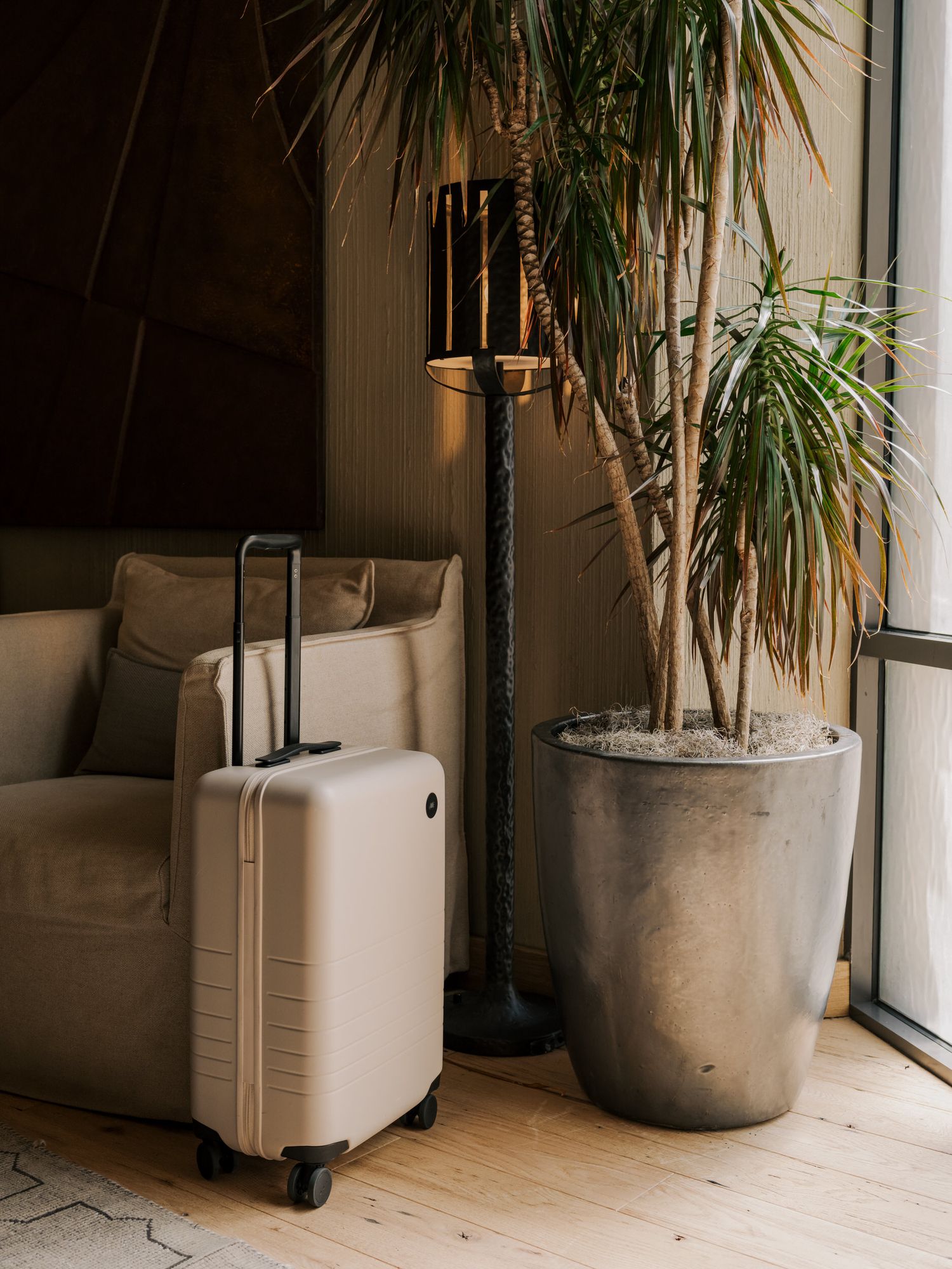 White hardshell suitcase stands beside a plush armchair and tall potted palm in a modern interior space.