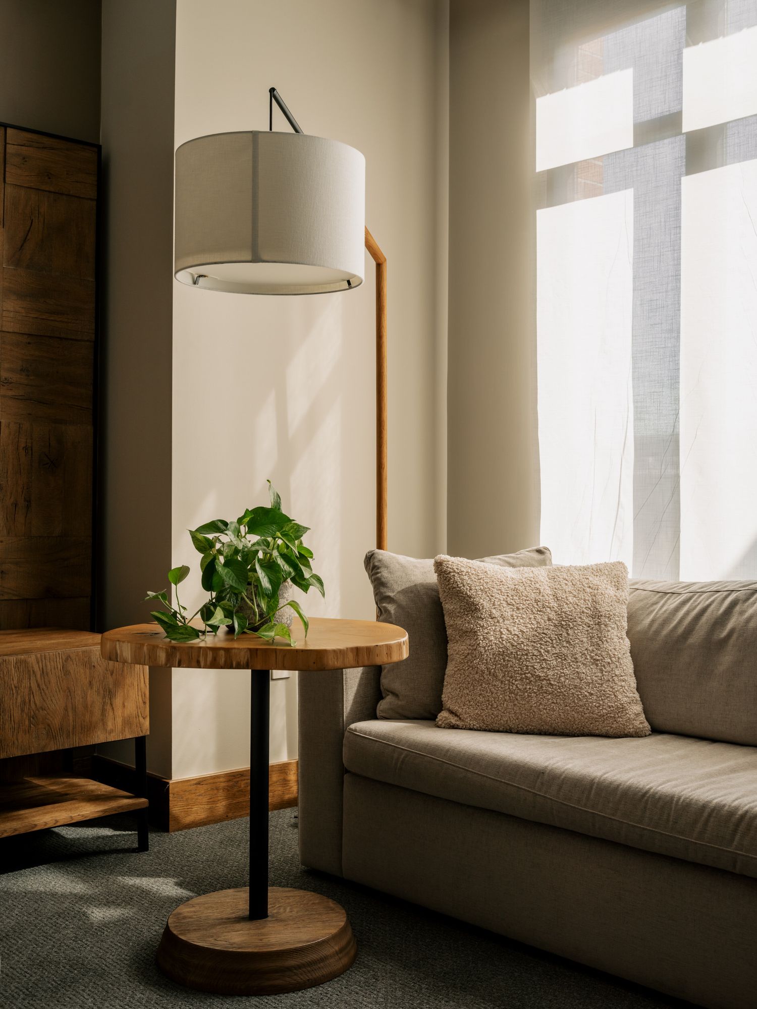 Modern living room corner with gray sofa, round wooden side table, potted plant and contemporary floor lamp.