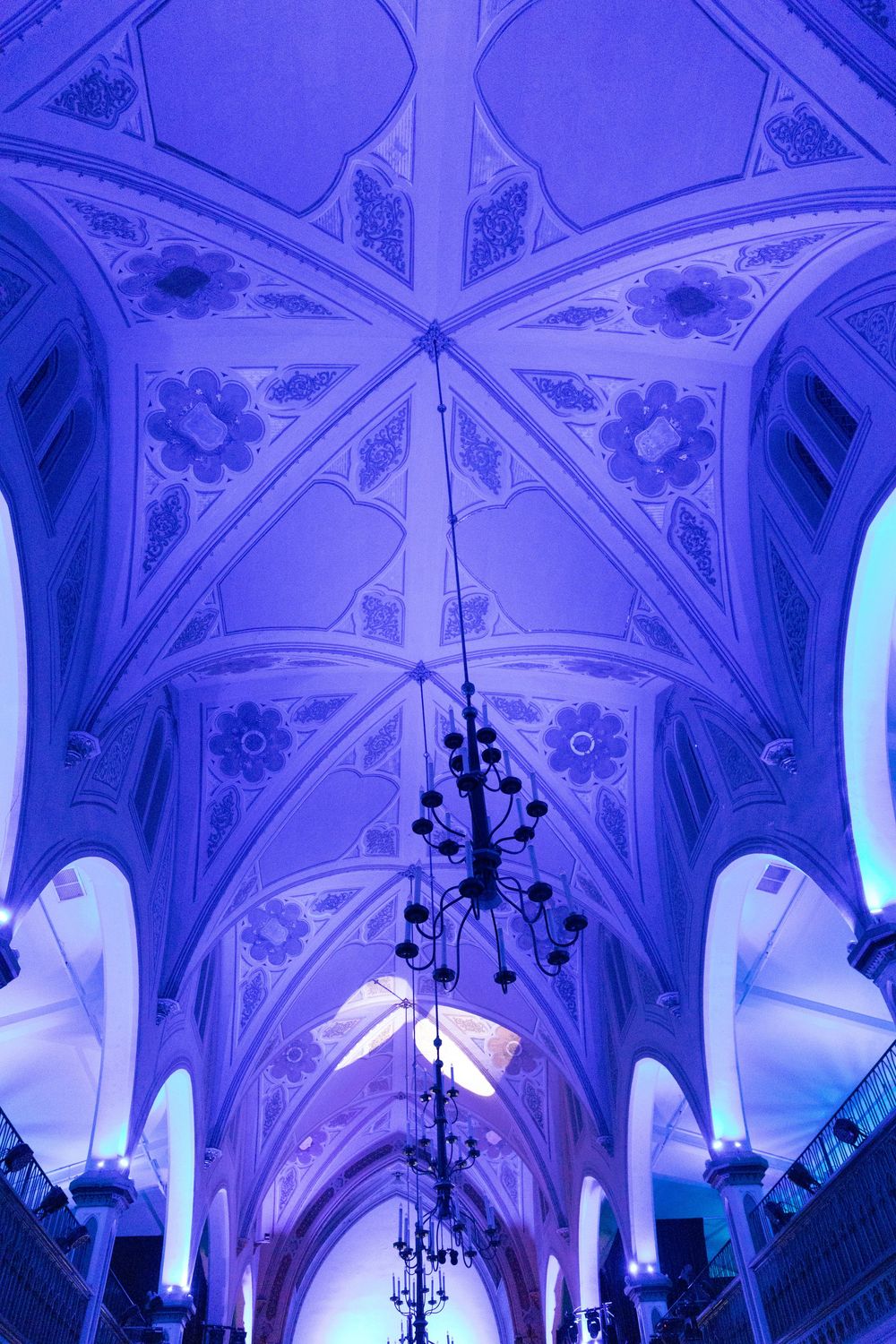Gothic vaulted ceiling illuminated with dramatic blue lighting and hanging white light fixtures in an ornate church interior.