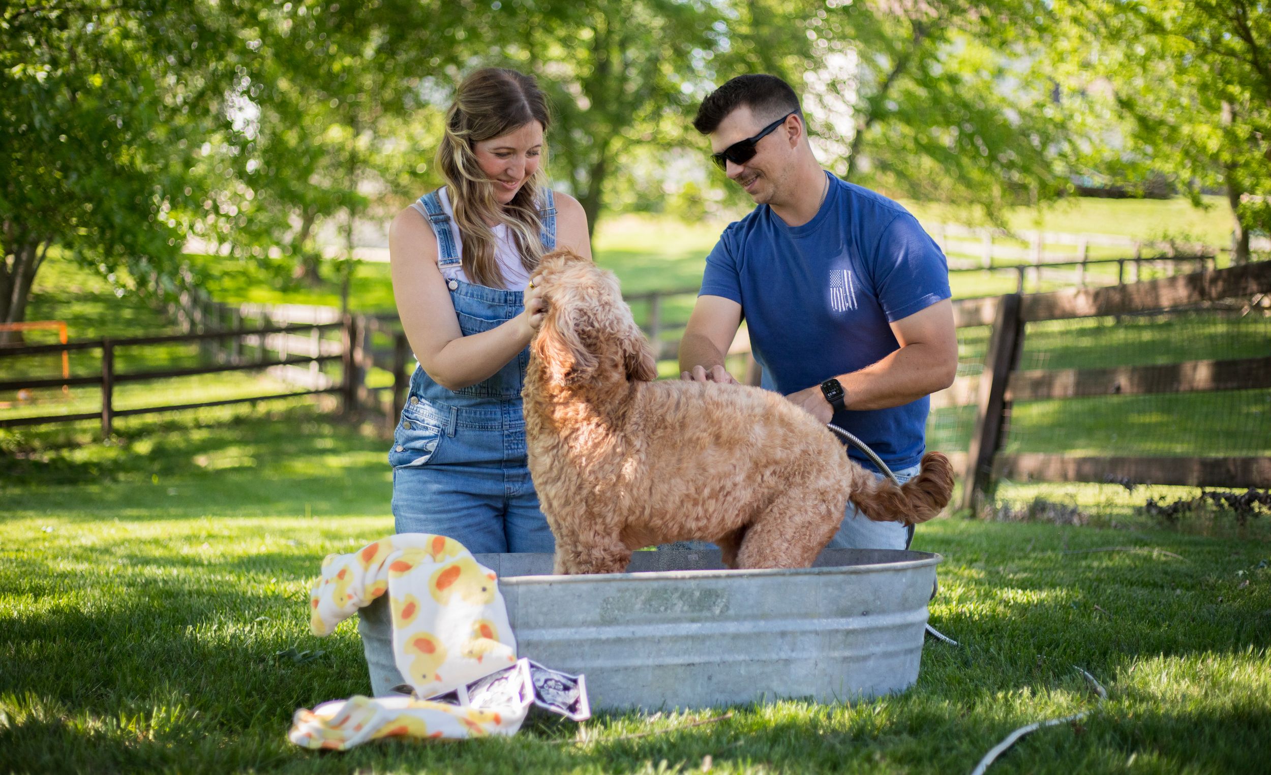 Couple washes their golden doodle dog in a metal tub outdoors on green grass.